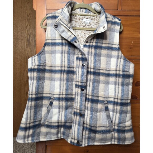 Christopher & Banks Plaid Vest Size Large Plaid Blue Brown Sherpa Lined Snaps - Picture 1 of 10